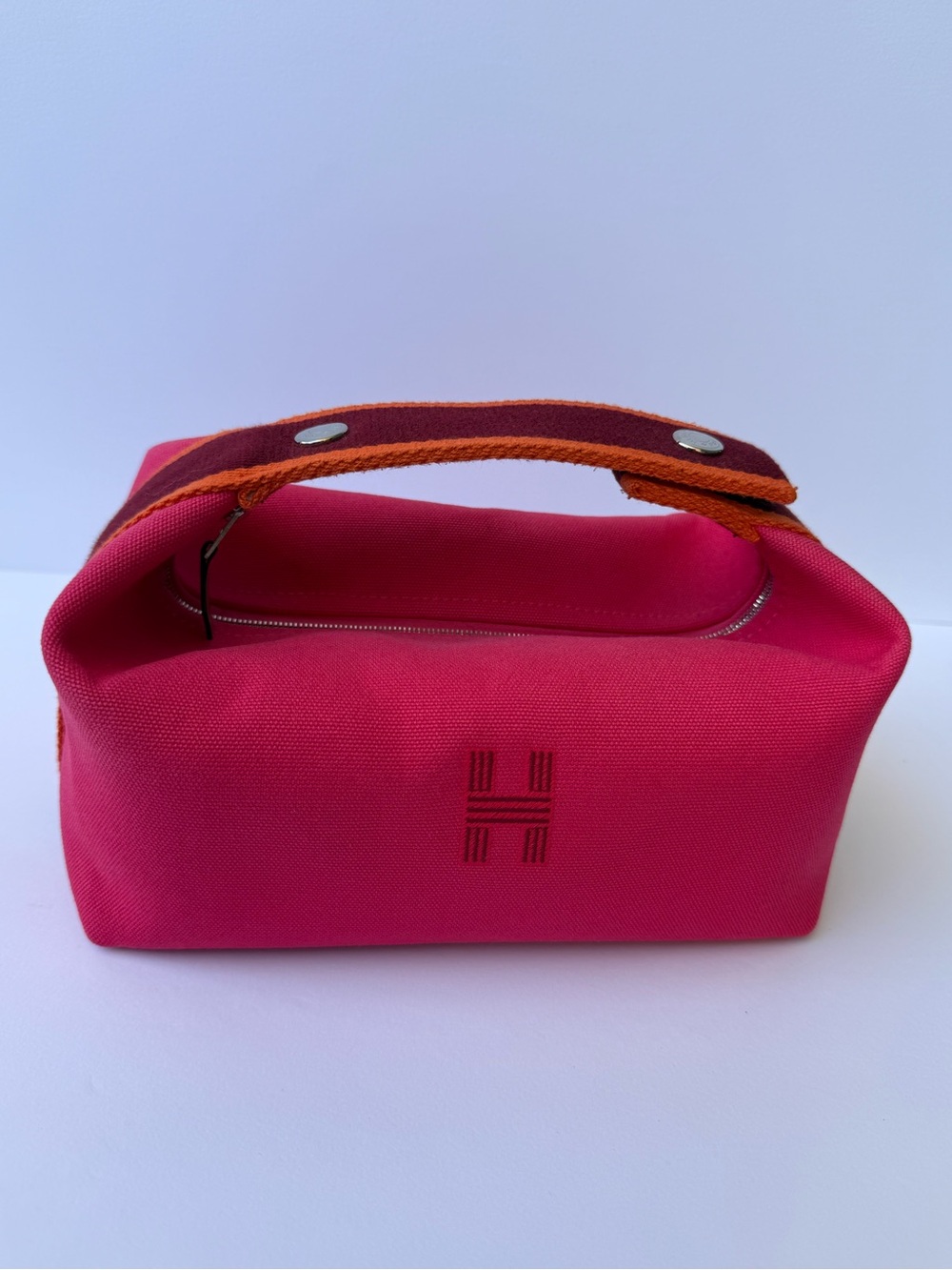 Hermes Hot Red Canvas Cosmetic Pouch with Orange Leather Strap